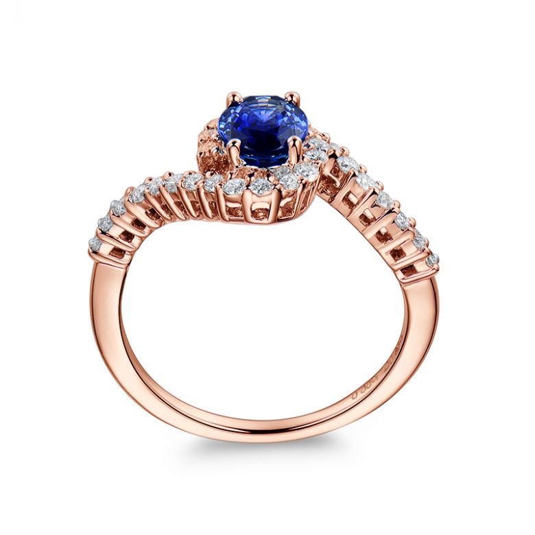 Bague saphir or rose pavage diamant sinueux - 5