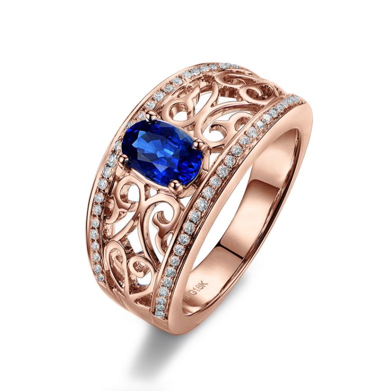 Bague fiançailles saphir 1ct. Or rose. Motifs brodés dentelles - 1