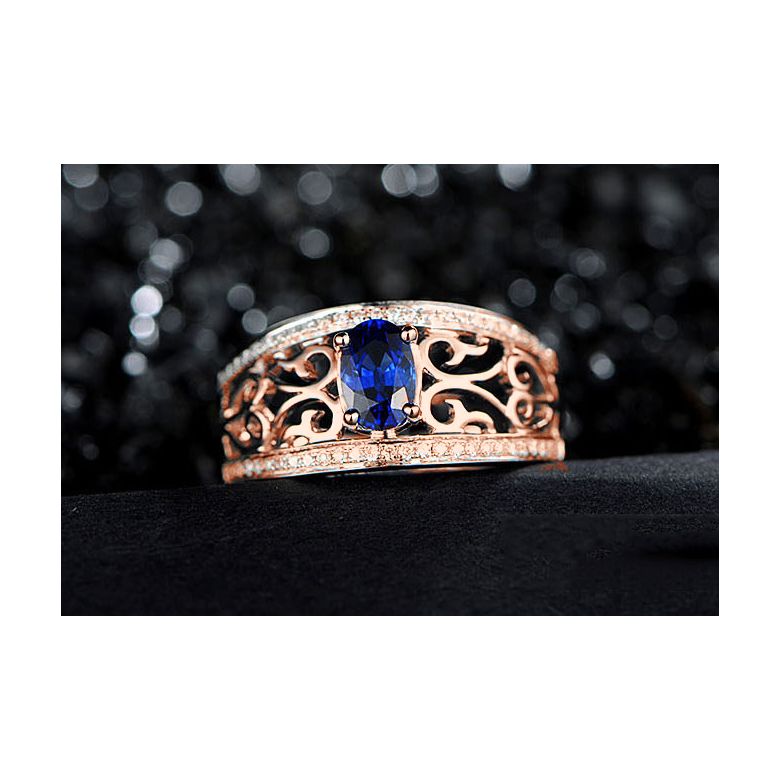 Bague fiançailles saphir 1ct. Or rose. Motifs brodés dentelles - 3