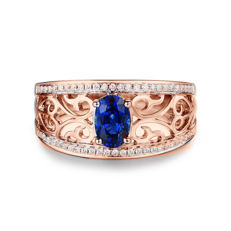 Bague fiançailles saphir 1ct. Or rose. Motifs brodés dentelles - 8