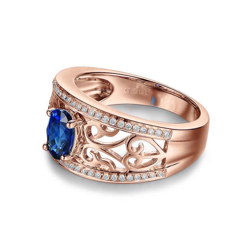 Bague fiançailles saphir 1ct. Or rose. Motifs brodés dentelles - 9