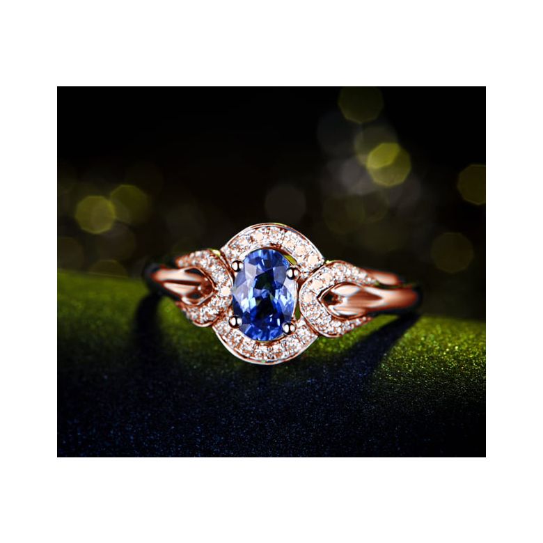 Bague fiançailles saphir diamants et or rose. Motifs bouclés - 2