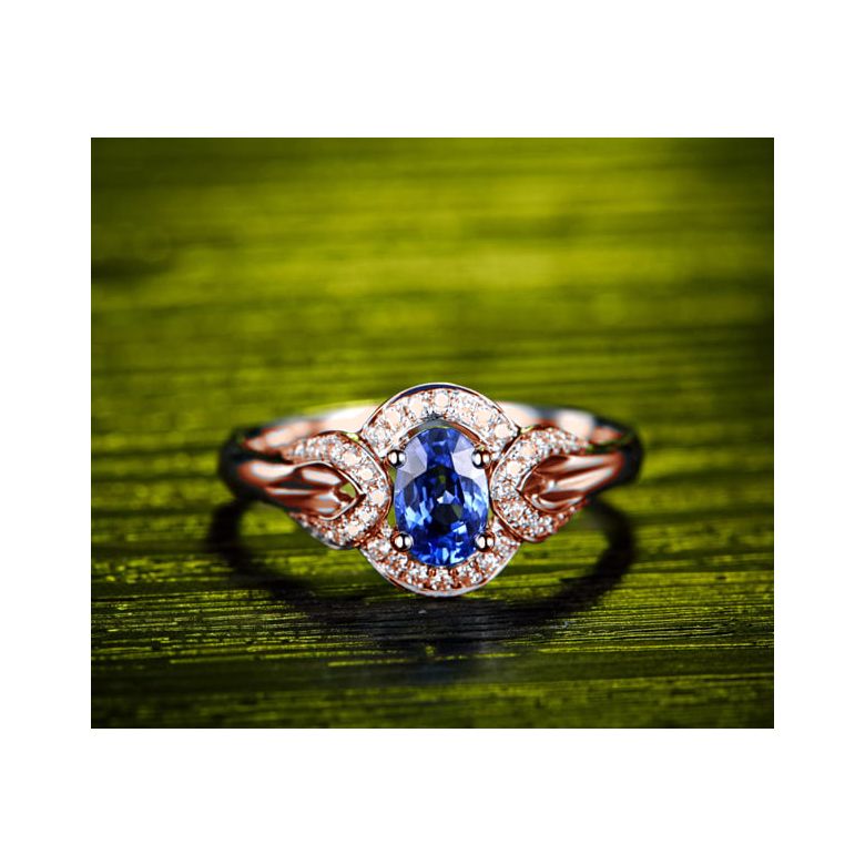 Bague fiançailles saphir diamants et or rose. Motifs bouclés - 4