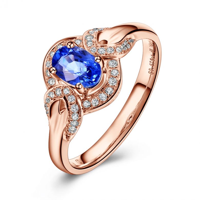 Bague fiançailles saphir diamants et or rose. Motifs bouclés - 5