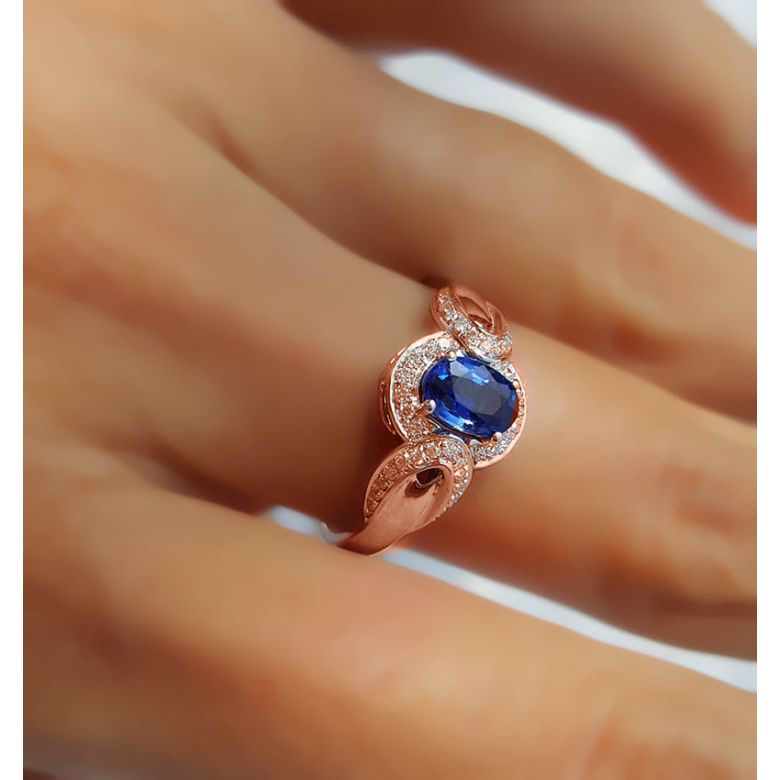 Bague fiançailles saphir diamants et or rose. Motifs bouclés - 6