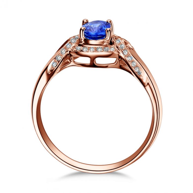 Bague fiançailles saphir diamants et or rose. Motifs bouclés - 7