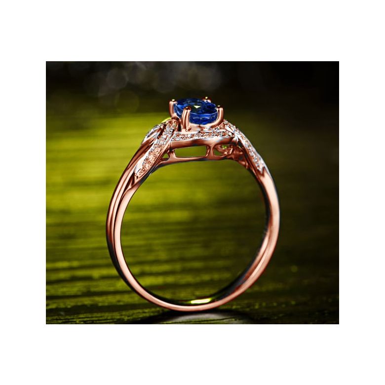 Bague fiançailles saphir diamants et or rose. Motifs bouclés - 8