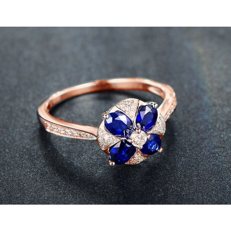 Bague solitaire fleur bleue. Or rose, saphirs et diamants - 5