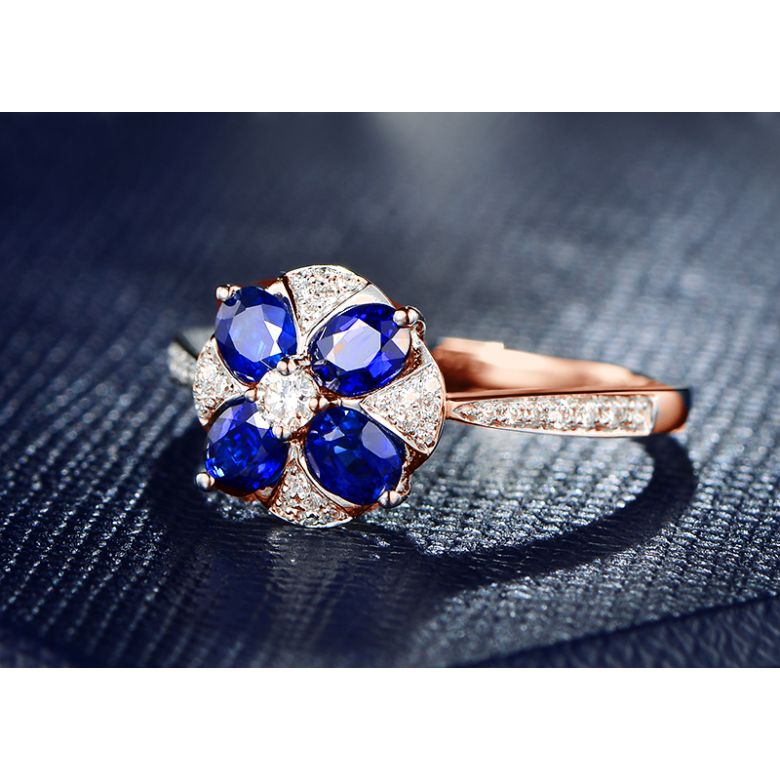 Bague solitaire fleur bleue. Or rose, saphirs et diamants - 6