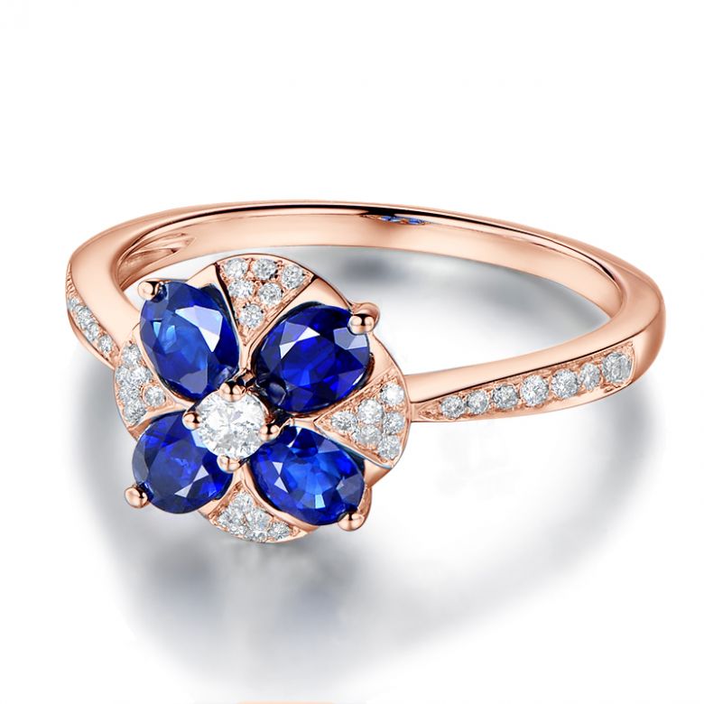 Bague solitaire fleur bleue. Or rose, saphirs et diamants - 7
