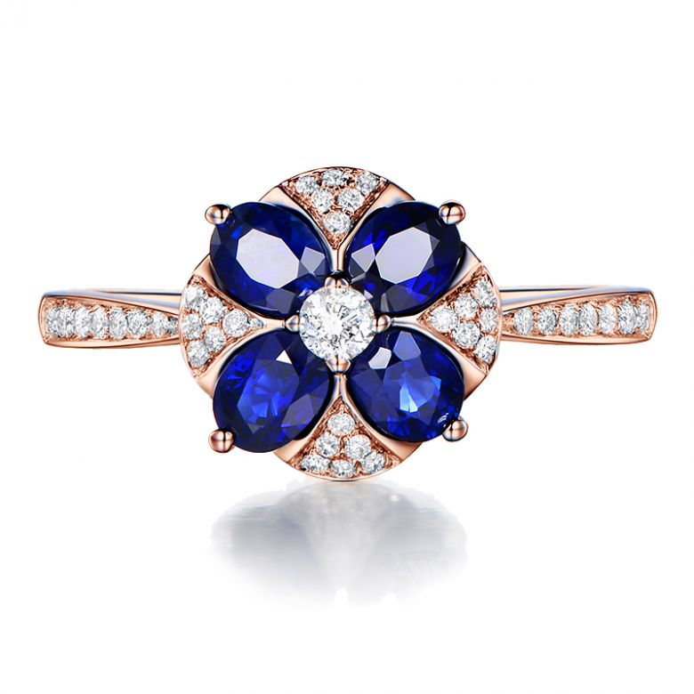 Bague solitaire fleur bleue. Or rose, saphirs et diamants - 8