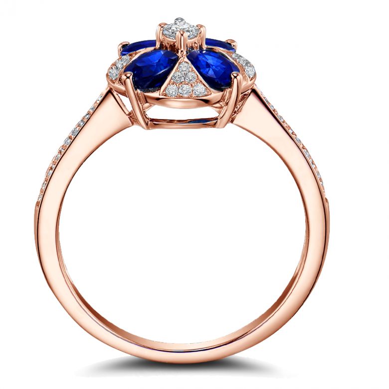 Bague solitaire fleur bleue. Or rose, saphirs et diamants - 9