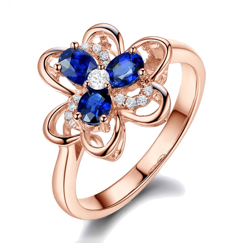 Bague fleur Or rose fleur anémone. Diamants, saphirs - 1