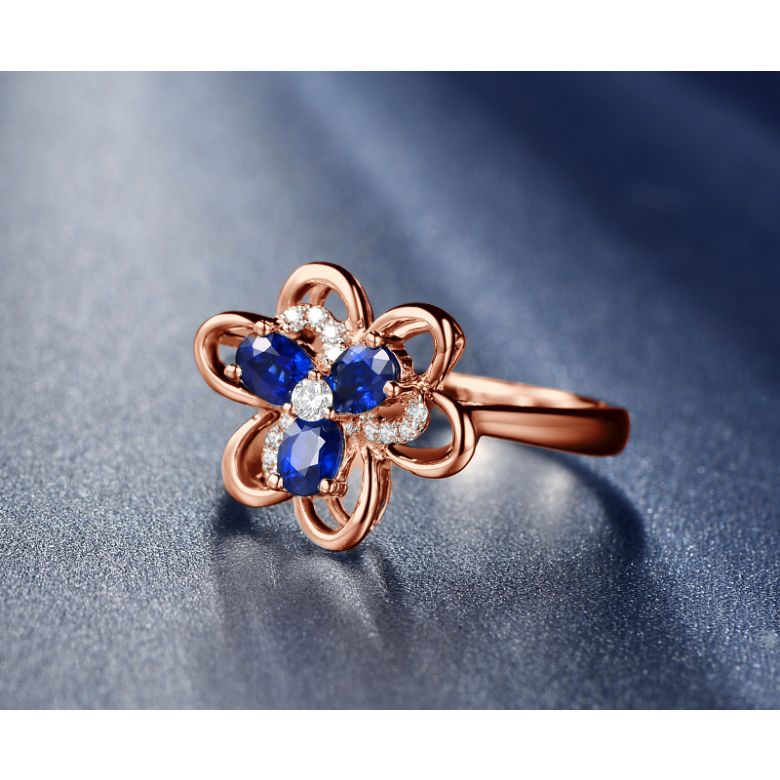 Bague fleur Or rose fleur anémone. Diamants, saphirs - 3