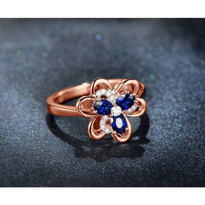 Bague fleur Or rose fleur anémone. Diamants, saphirs - 4