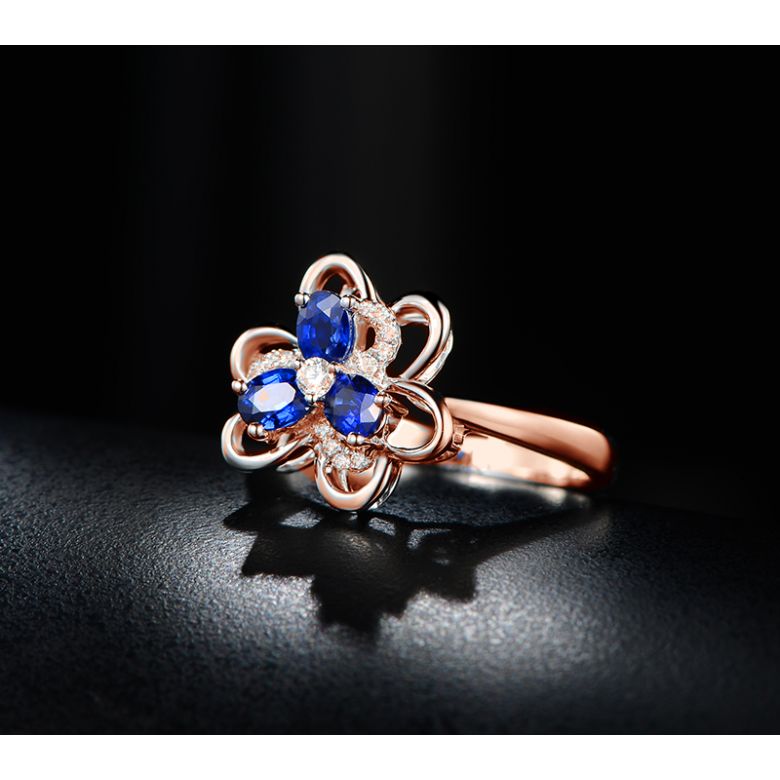 Bague fleur Or rose fleur anémone. Diamants, saphirs - 5