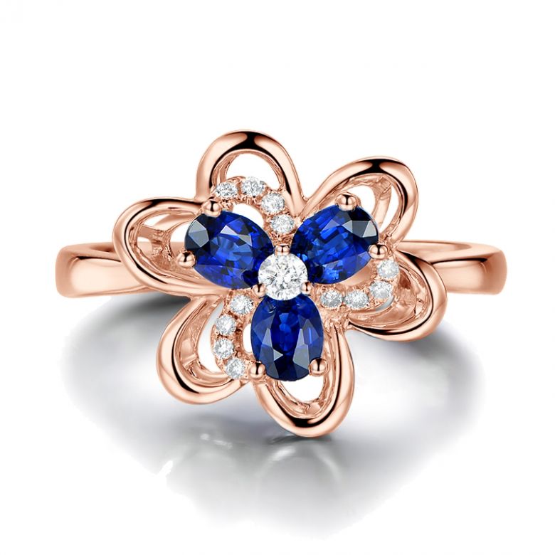 Bague fleur Or rose fleur anémone. Diamants, saphirs - 6