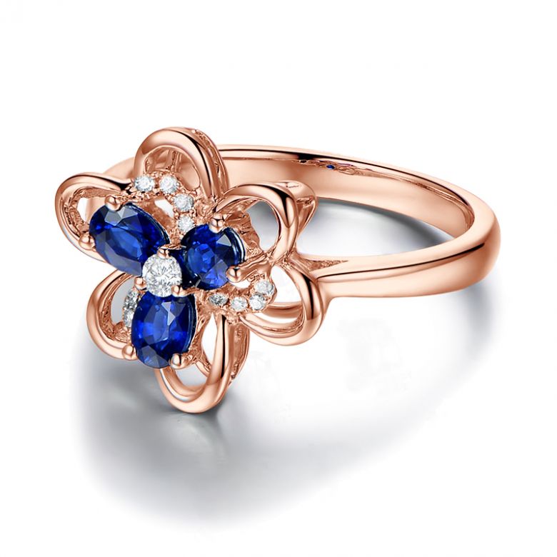 Bague fleur Or rose fleur anémone. Diamants, saphirs - 7