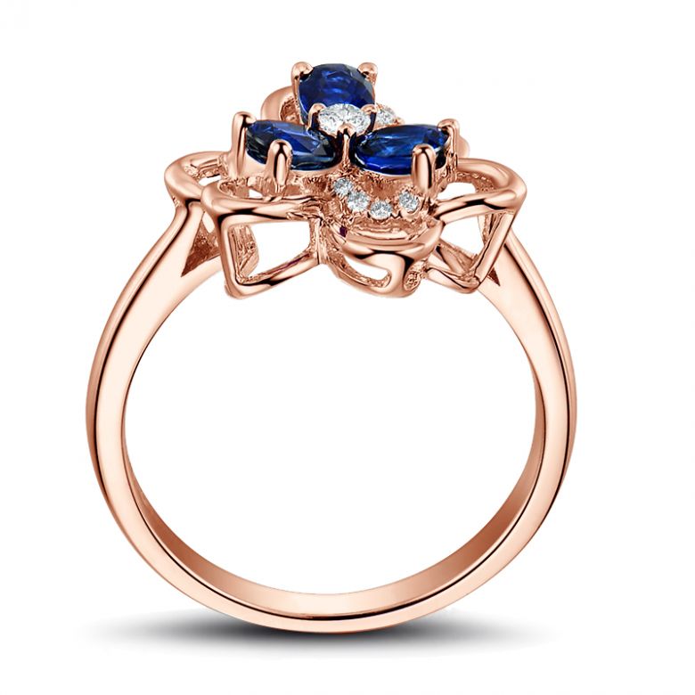 Bague fleur Or rose fleur anémone. Diamants, saphirs - 8