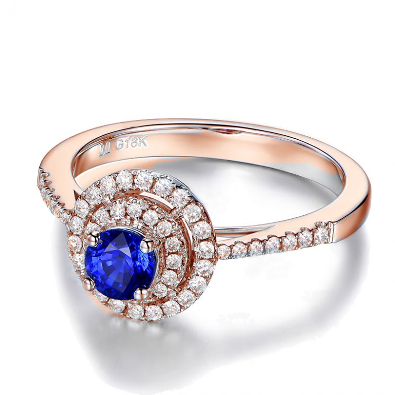 Bague sertissage virtuose Or rose, diamants et saphir 0.50ct - 7