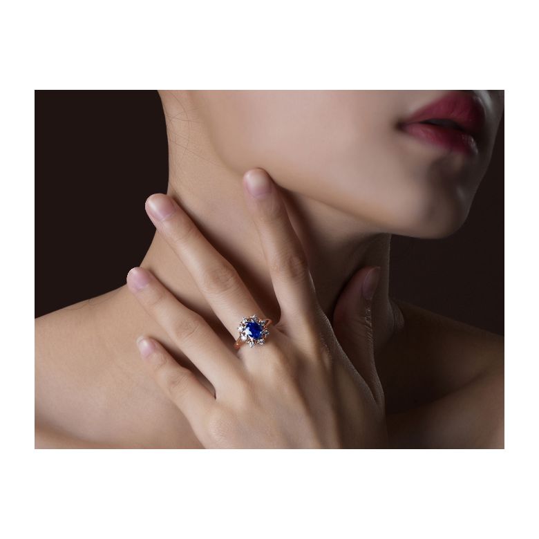 Bague fiancailles fleur saphir et diamants. Solitaire Or rose - 2