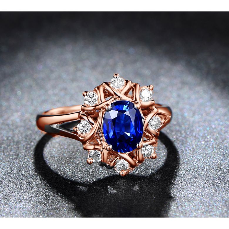 Bague fiancailles fleur saphir et diamants. Solitaire Or rose - 3