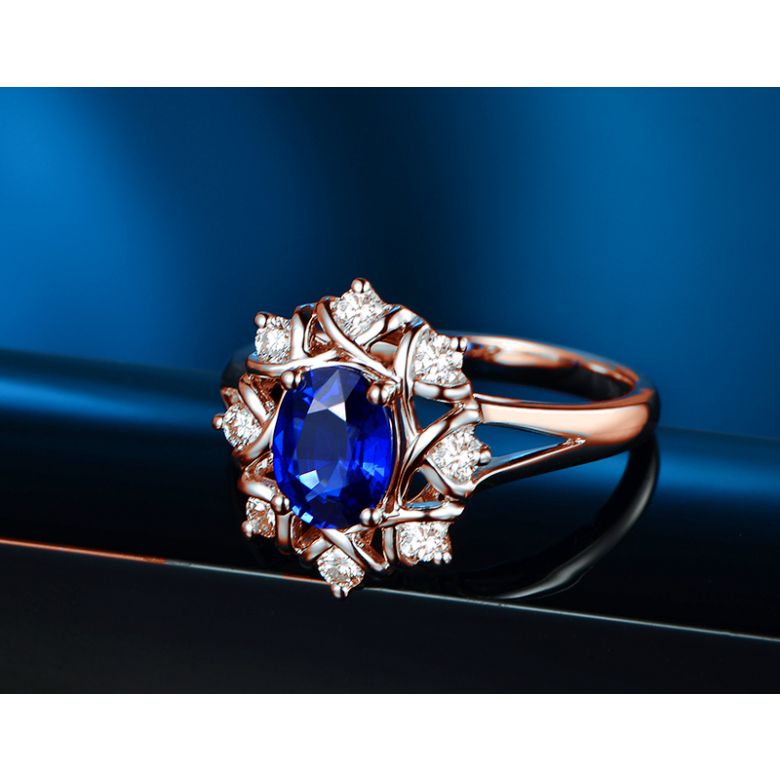 Bague fiancailles fleur saphir et diamants. Solitaire Or rose - 4