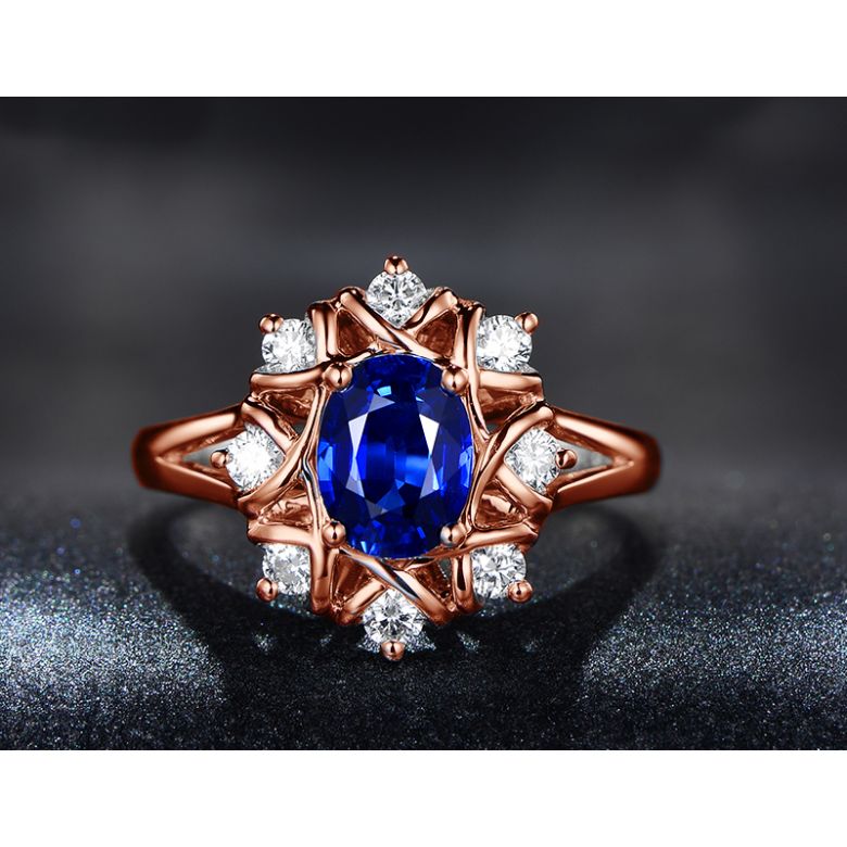 Bague fiancailles fleur saphir et diamants. Solitaire Or rose - 5