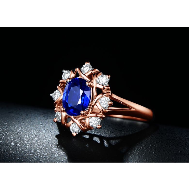 Bague fiancailles fleur saphir et diamants. Solitaire Or rose - 6