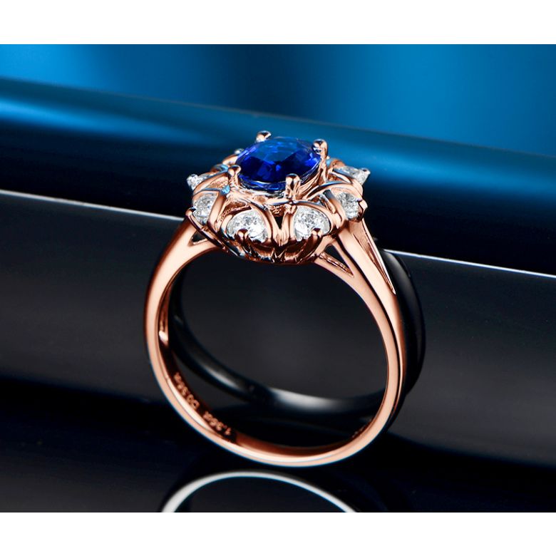 Bague fiancailles fleur saphir et diamants. Solitaire Or rose - 7