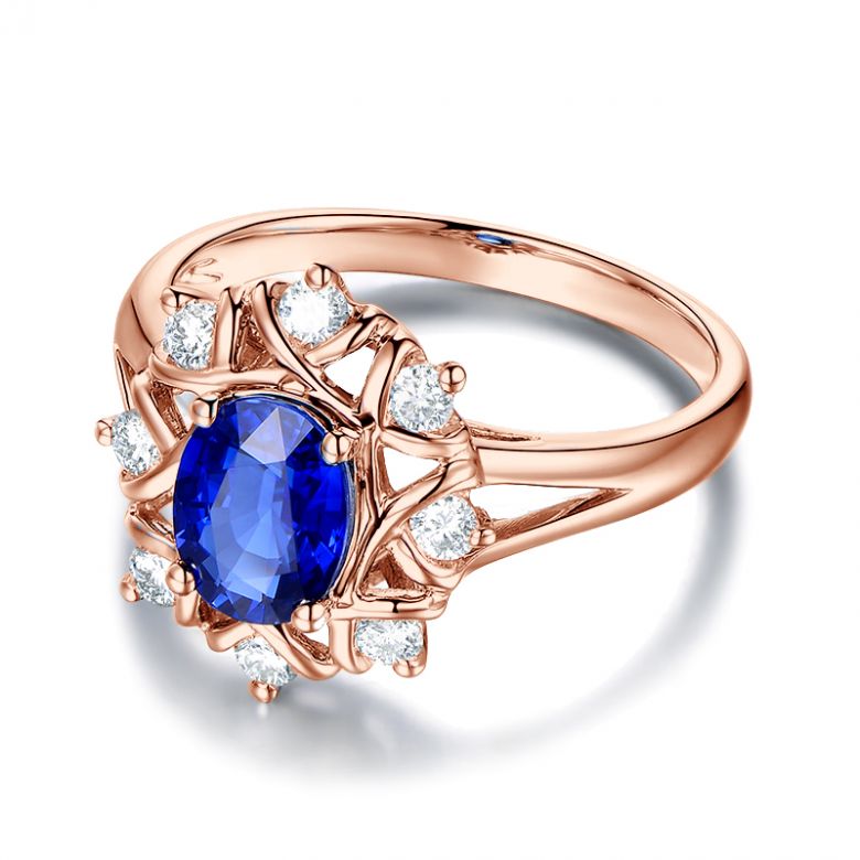 Bague fiancailles fleur saphir et diamants. Solitaire Or rose - 9