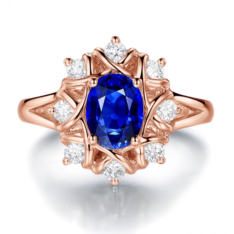 Bague fiancailles fleur saphir et diamants. Solitaire Or rose - 10