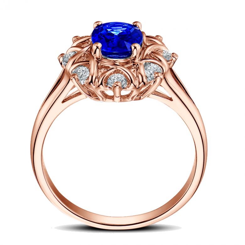 Bague fiancailles fleur saphir et diamants. Solitaire Or rose - 11