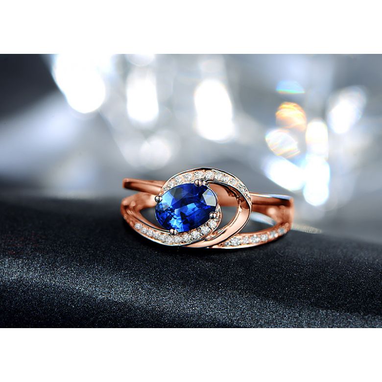 Bague de fiançailles saphir ovale 1 carat. Diamant, Or rose - 4