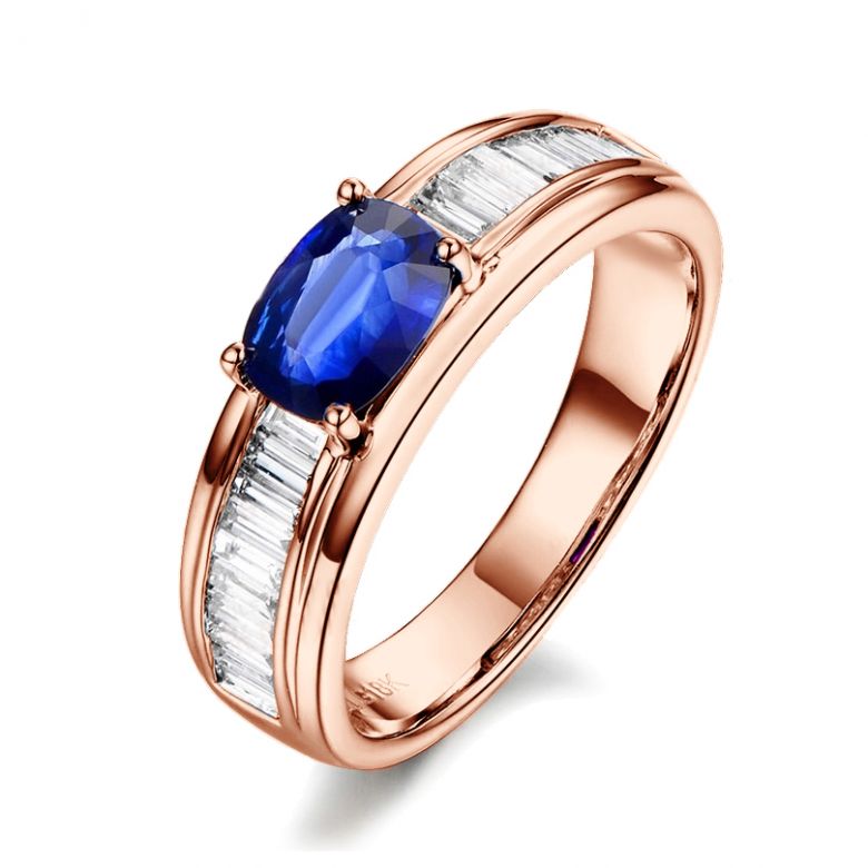 Bague contraste Saphir et Diamants taille émeraude. Or rose 18 - 1