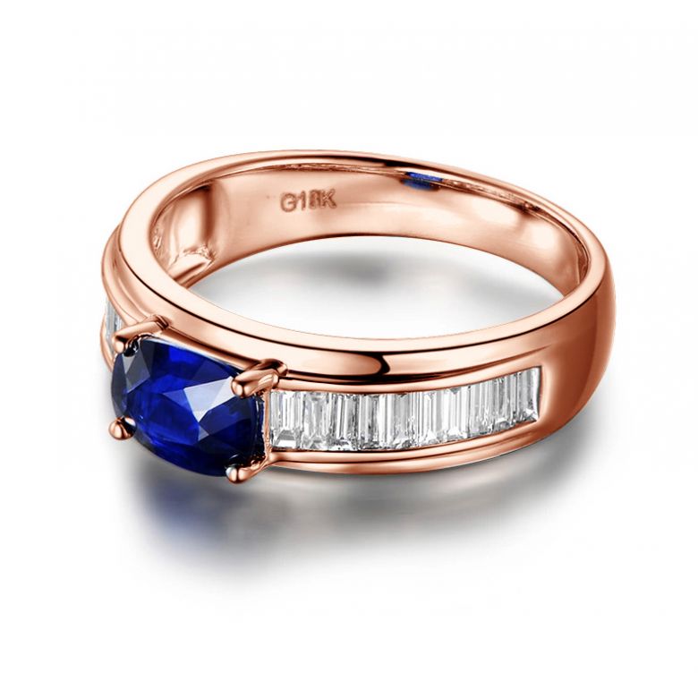 Bague contraste Saphir et Diamants taille émeraude. Or rose 18 - 2