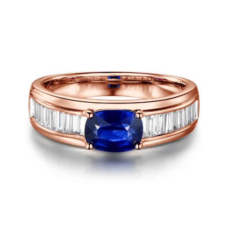 Bague contraste Saphir et Diamants taille émeraude. Or rose 18 - 7