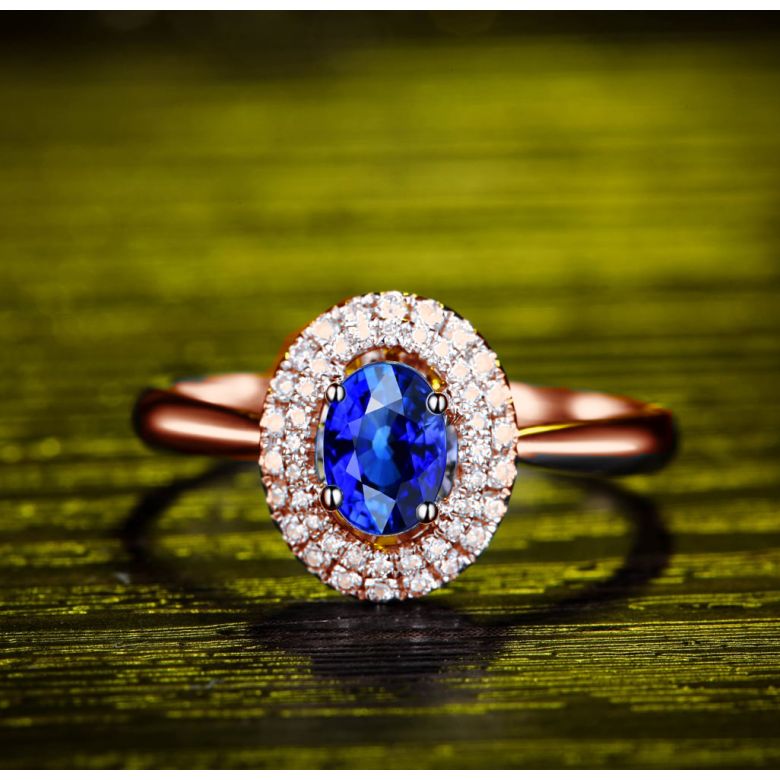 Bague de fiançailles ovale. Or rose, saphir 0.50ct et diamants - 2