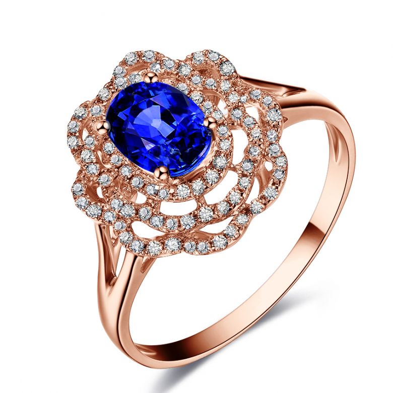 Bague fiancailles saphir bleu diamants. Or rose, fleur éclose - 1