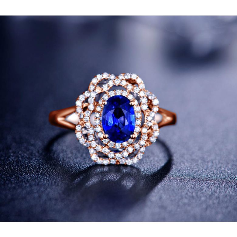 Bague fiancailles saphir bleu diamants. Or rose, fleur éclose - 2