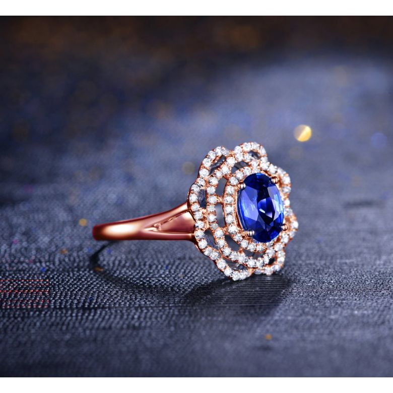 Bague fiancailles saphir bleu diamants. Or rose, fleur éclose - 4