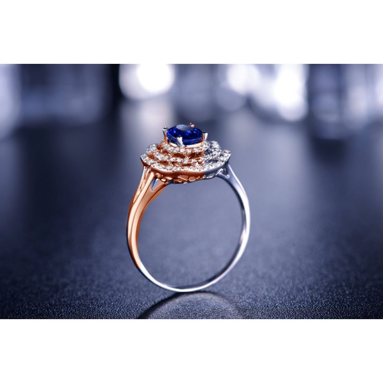 Bague fiancailles saphir bleu diamants. Or rose, fleur éclose - 5