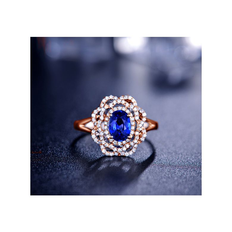 Bague fiancailles saphir bleu diamants. Or rose, fleur éclose - 6