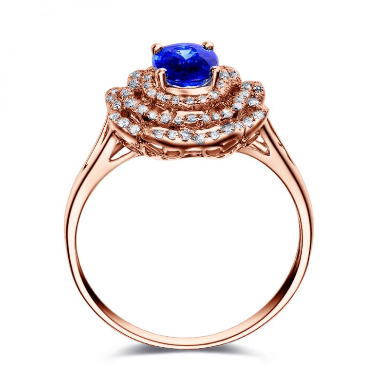 Bague fiancailles saphir bleu diamants. Or rose, fleur éclose - 7