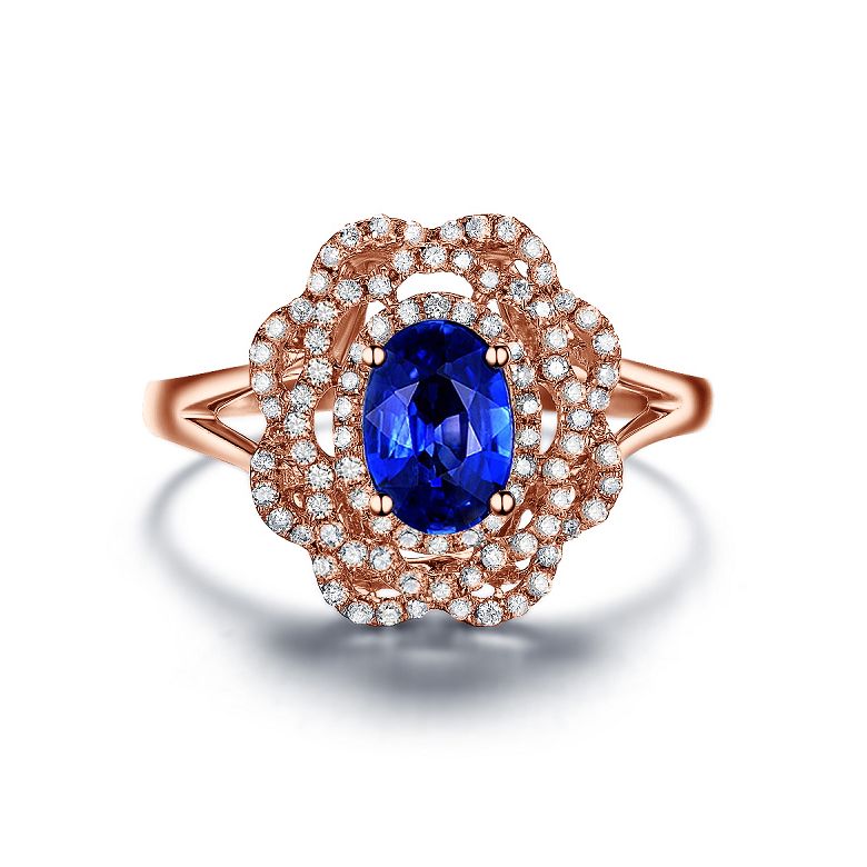 Bague fiancailles saphir bleu diamants. Or rose, fleur éclose - 8