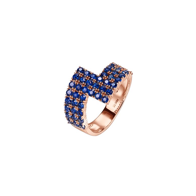 Bague contemporaine or rose. Pavage géométrique saphir  - 1
