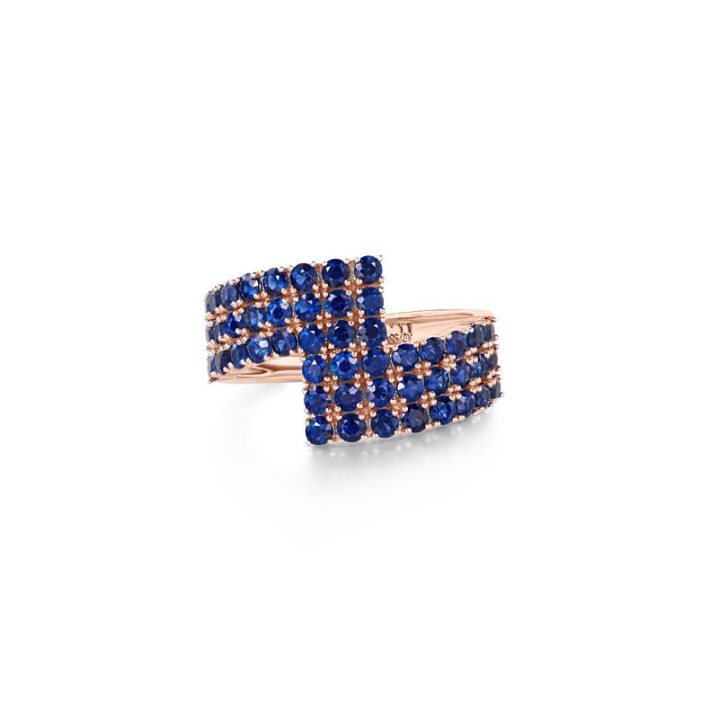 Bague contemporaine or rose. Pavage géométrique saphir  - 3