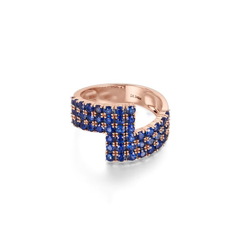 Bague contemporaine or rose. Pavage géométrique saphir  - 5
