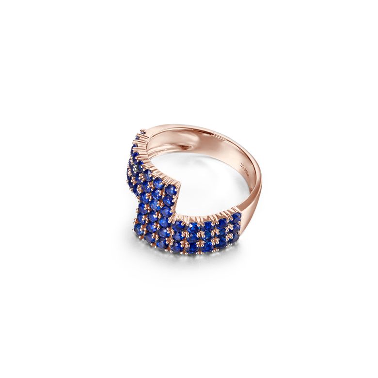 Bague contemporaine or rose. Pavage géométrique saphir  - 8