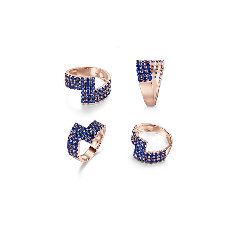 Bague contemporaine or rose. Pavage géométrique saphir  - 9